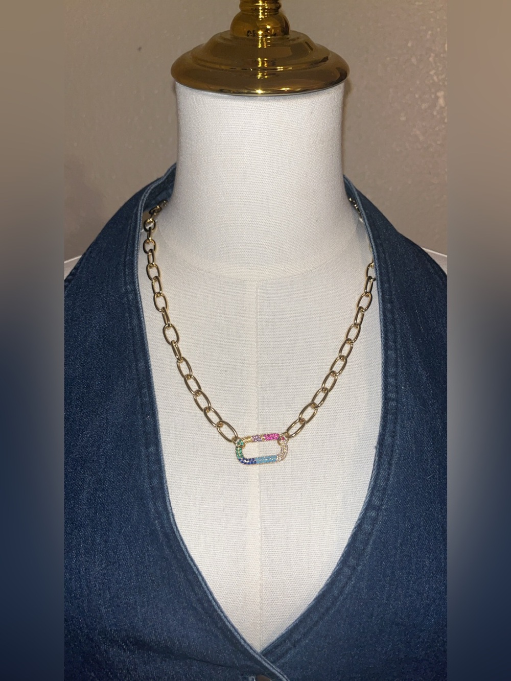 Gold Chain Necklace with Multicolor Crystal Link